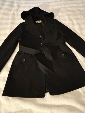 Michael Kors Women's Black Wool Blend Belted Hooded  Coat Size Small